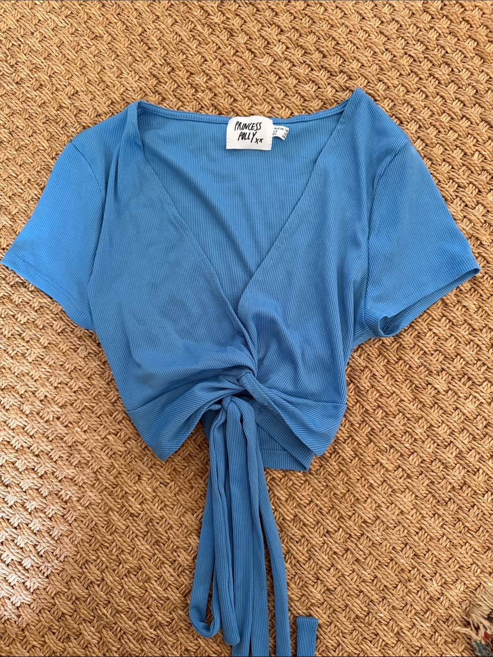 Princess Polly Sky Blue Ribbed Wrap Crop Top size 12